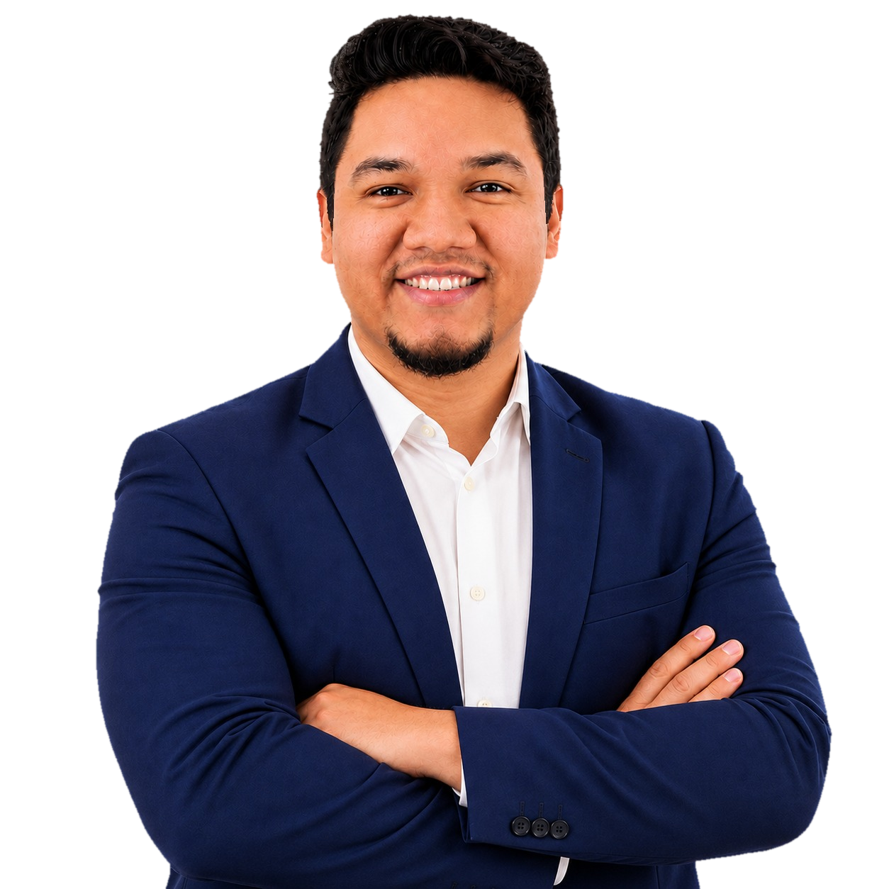 William Barros, candidato a deputado federal pelo Paraná, de terno azul e braços cruzados