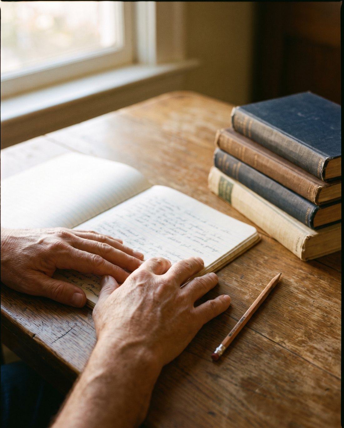 Mãos adultas sobre um caderno pautado com anotações manuscritas, lápis e livros usados sobre mesa de madeira